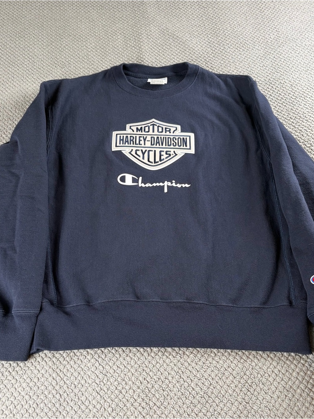 Champion X Harley Davidson Navy Crewneck Sweatshirt with White Logo Medium
